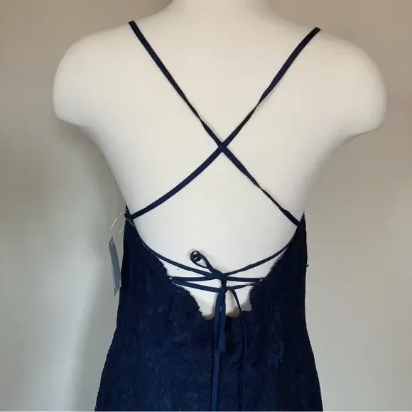 Dessy Collection NWT Halter Cross Back Lace Trumpet Midnight Dress Size 14 - Picture 6 of 8